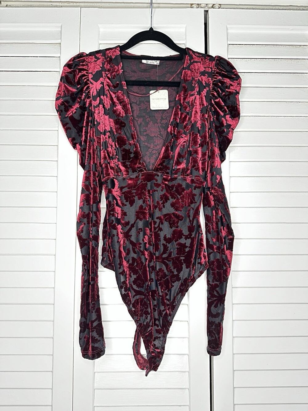 Free People Velvet Burnout Bodysuit XS Floral Puff Sleeve Dark Romantic Deep V